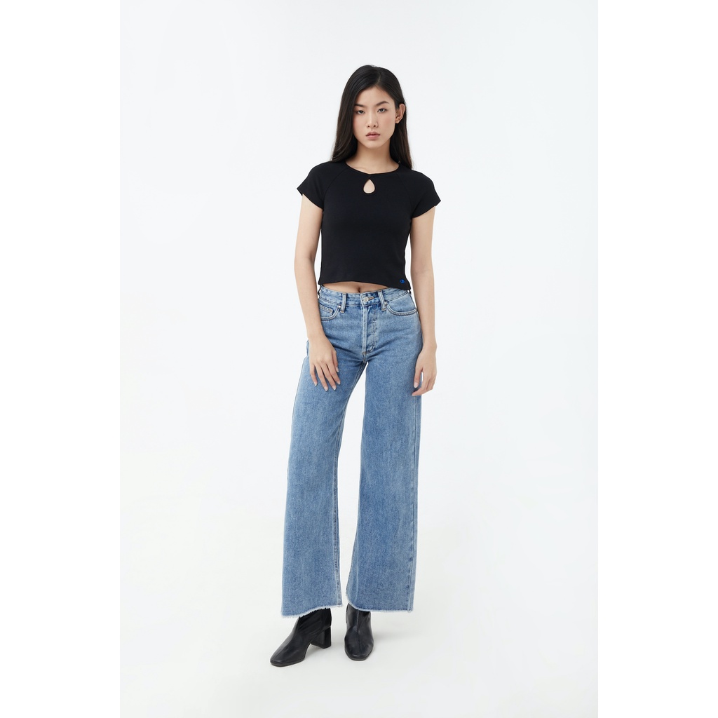 TheBlueTshirt - Áo Thun Nữ Thiết Kế Khoét Cổ Màu Đen - Sunday Funday Rib Tee - Black