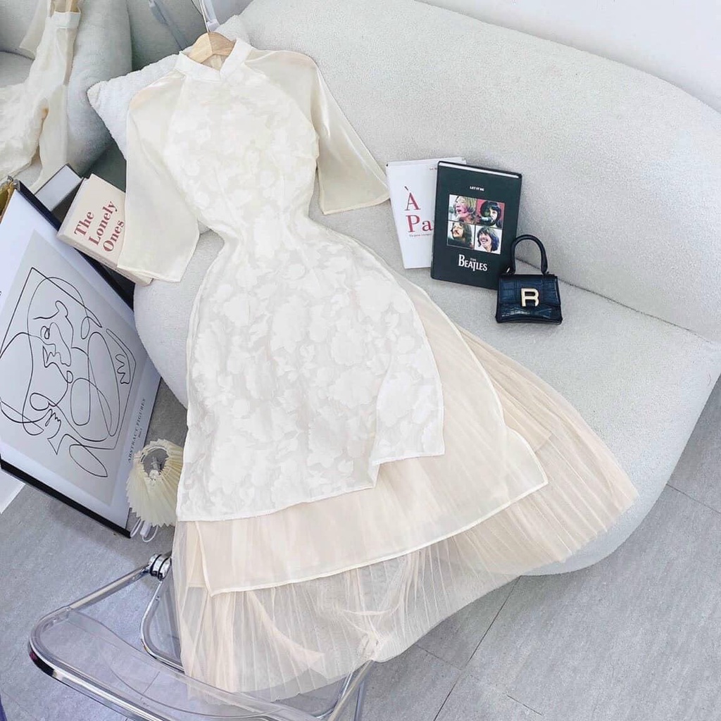 SET Áo Dài hoa nổi tay lỡ kèm Chân Váy midi nude dập ly diện Tết NÀNG CLOSET
