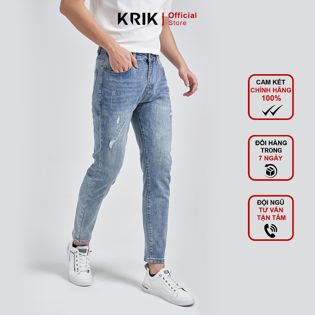 Quần Jean Nam Local Brand KRIK Dáng Slimfit Hàn Quốc, Chất Liệu Cao Cấp, Màu Xanh Rách Xước QJ0258