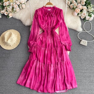 #2879 [Order] Đầm voan dài tay tiểu thư bo eo 6 màu freesize