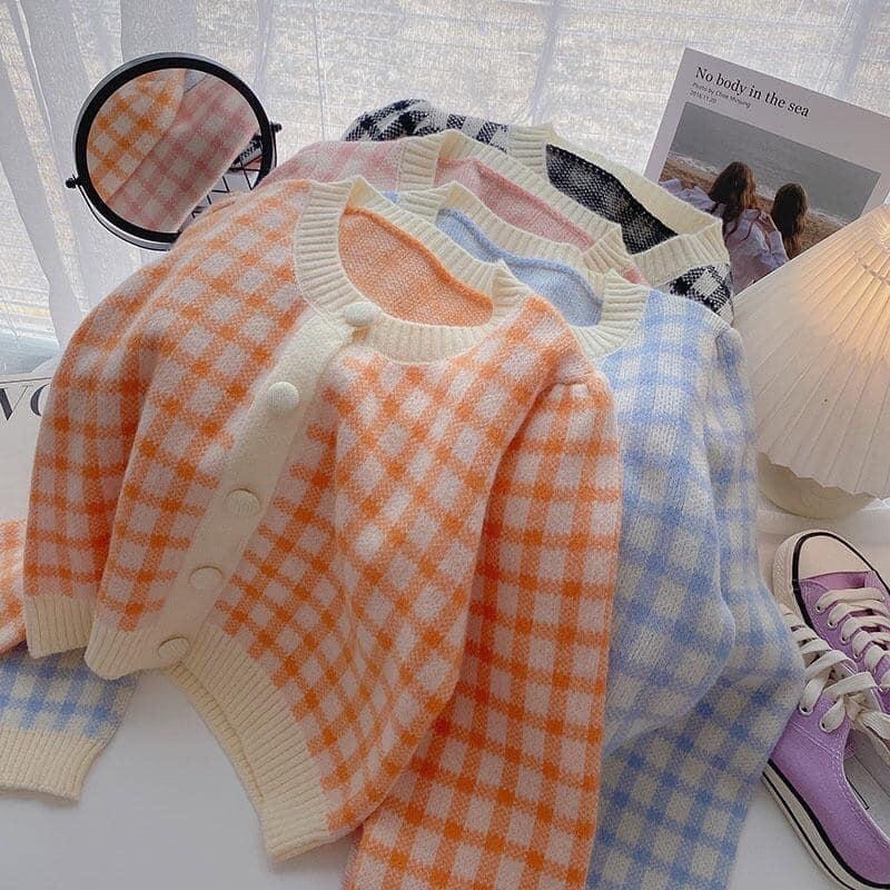 Áo crotop cardigan len kẻ caro ô vuông