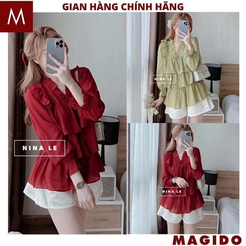 Áo sơ mi cổ bèo 3 tầng xếp ly dài tay thiết kế babydoll, áo kiểu nữ bánh bèo tiểu thư xinh xắn form rộng đẹp - MAGIDO