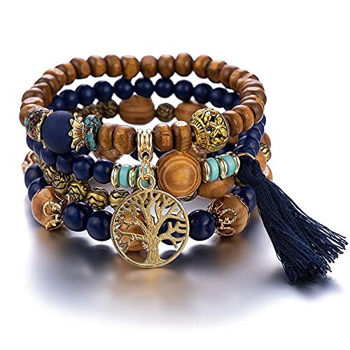 Vòng Tay Chuỗi Hạt Gỗ Nhiều Lớp Phối Tua Rua Phong Cách Bohemian Thời Trang Cho Nữ