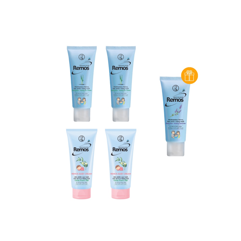 [VB] Bộ 4 sản phẩm Kem chống muỗi Remos: 2 Remos hương Sả chanh 70g + 2 Kem Remos Baby 70g + TẶNG Kem Remos Lavender 70g