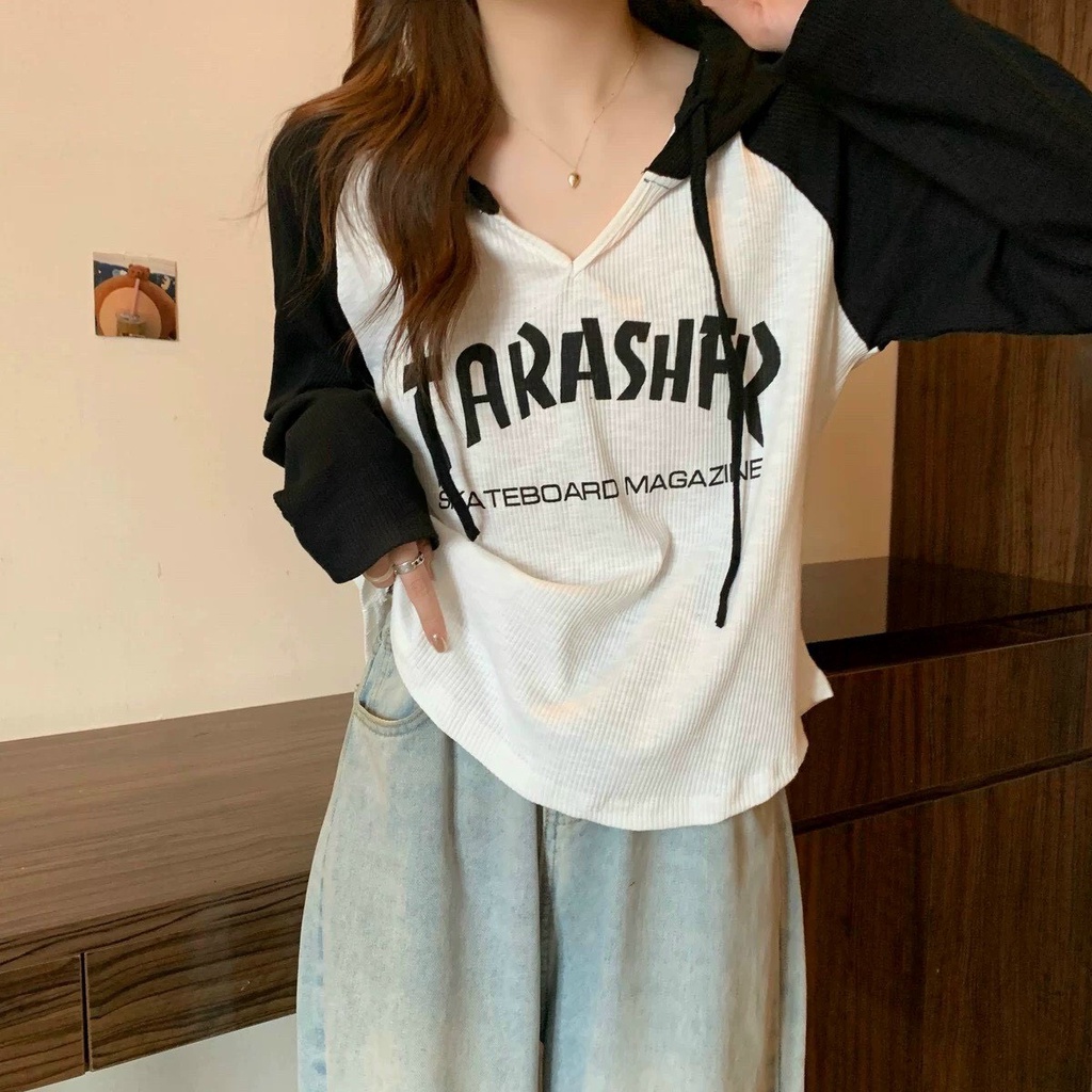 [ATYK341] ÁO THUN NỮ PHỐI NÓN DÀI TAY IN CHỮ TARASHFR MÀUTRẮNG NÂU DÀY DẶN MỀM MỊN PHONG CÁCH CHẤT THUN GÂN NITIQC