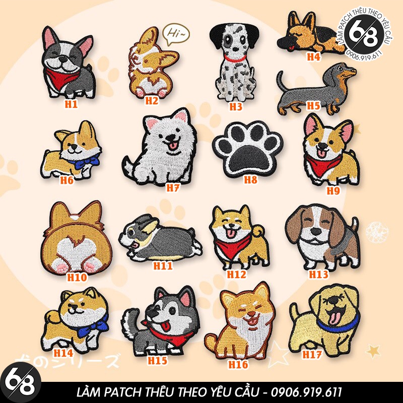 Sticker ủi thêu hình logo chú chó con Corgi Chibi dễ thương cute - Patch ủi quần áo balo H24