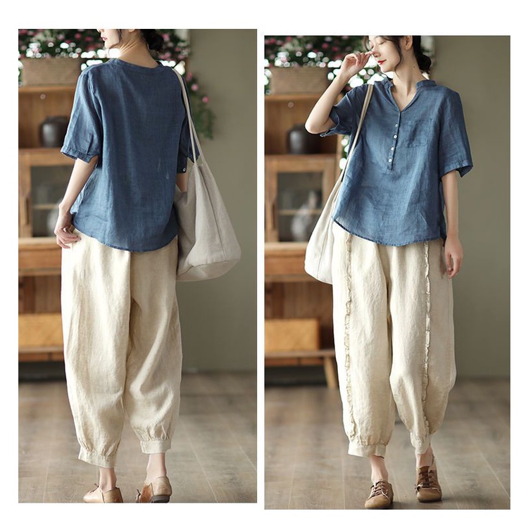 Quần Harem Cotton Màu Trơn Lưng Cao Phong Cách Retro Mùa Hè Mới