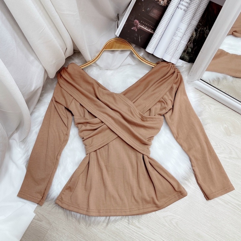 Áo trễ vai đắp chéo tay dài thời trang thu đông cao cấp