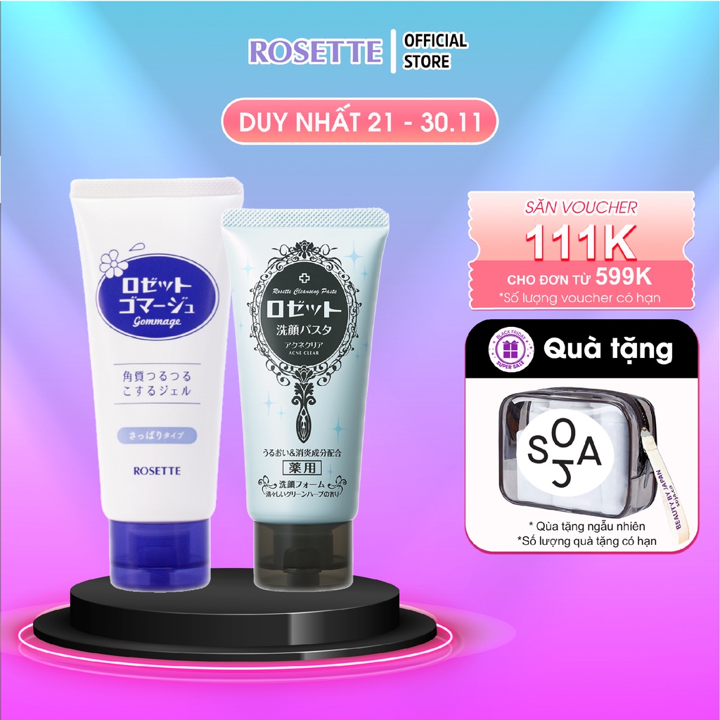 Bộ Sữa Rửa Mặt Làm Giảm Mụn Rosette Pasta Acne Clear 120g và Tẩy Tế Bào Chết Cho Mọi Loại Da Rosette Gommage 180g