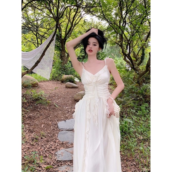 Váy tiểu thư ngọt ngào phối bèo sóng mây thướt tha thời trang nữ kèm feelback khách xinh V2BE