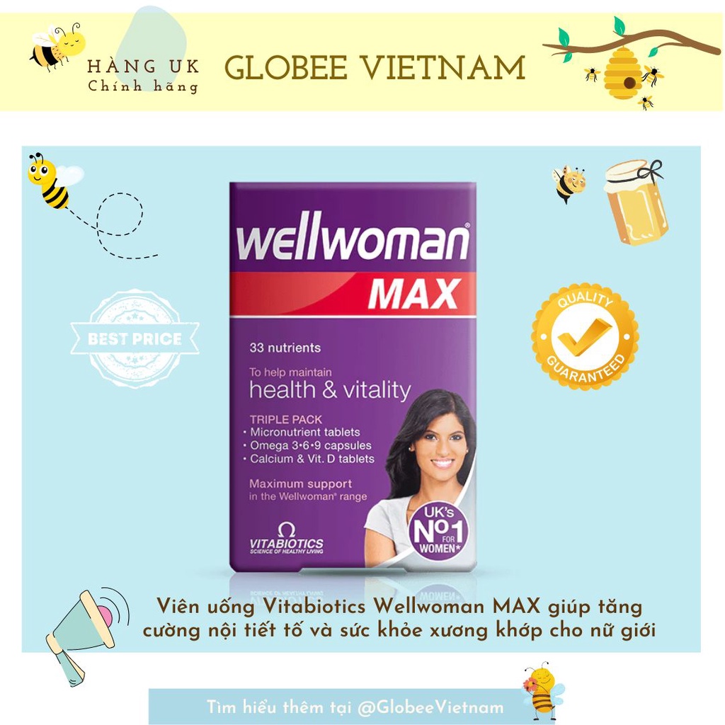 Viên uống bổ sung NỘI TIẾT TỐ giúp đẹp da, chắc khỏe XƯƠNG KHỚP, TRÍ NHỚ Vitabiotics Wellwoman MAX