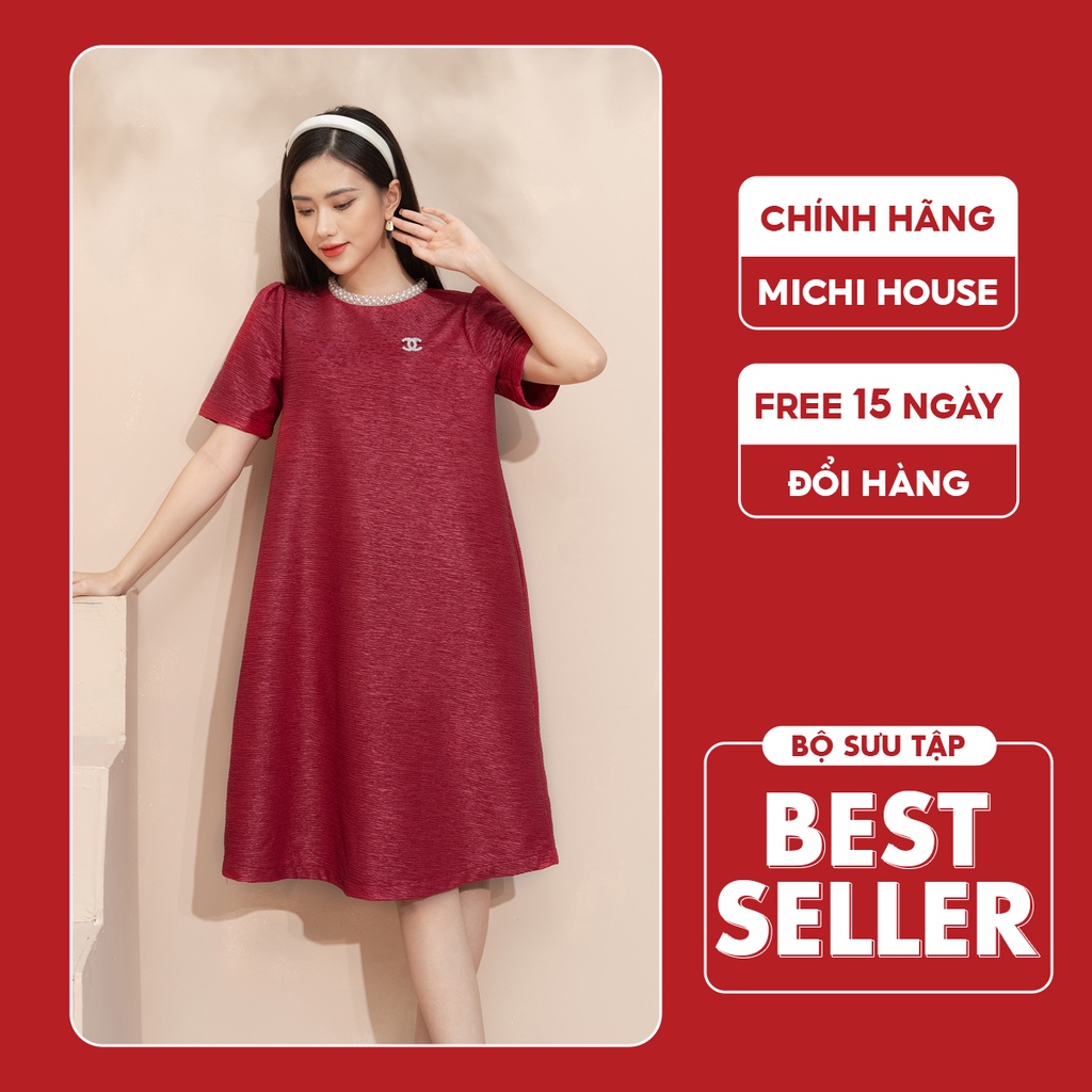 Đầm Đỏ Dự Tiệc Michi House Váy Xuông Vải Gấm Cổ Tròn Mặc Đi Cưới Lễ Tết Đều Xinh Có Bigsize 75kg Bầu Mặc Xinh V340