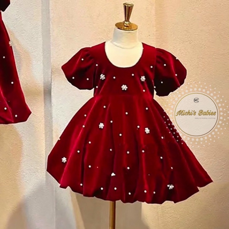 Váy nhung đính ngọc tay bồng siêu xinh cho bé, đầm noel, váy nhung noel cho bé (M9)
