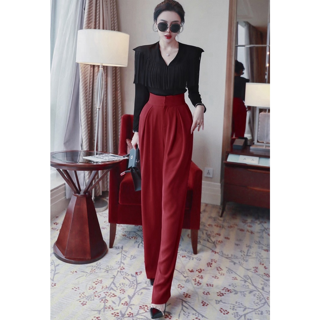 Quần tây ống suông rộng dài 105cm, cạp cao che bụng to và đùi to, có túi bên hông  - mã Q14 có 2 màu đen và đỏ đô