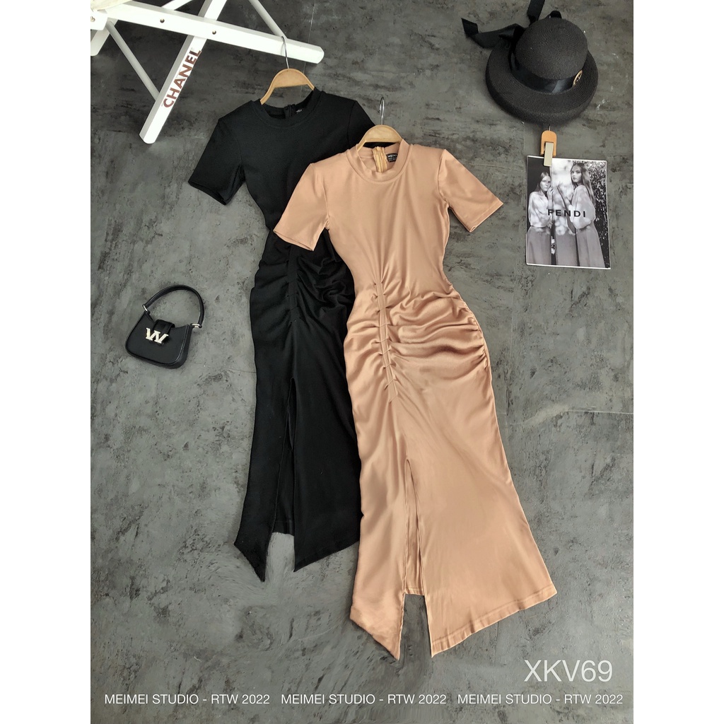 Váy body nữ xếp ly eo, Đầm dáng midi thun co giãn xẻ đùi, tay cộc, cổ tròn - Mặc đi chơi, cafe | XKV69 | Meimei Studio