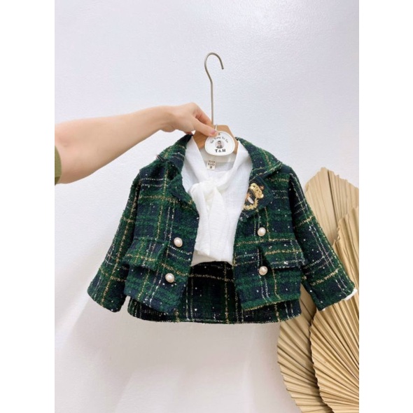 Set dạ xịn cao cấp kèm áo somi nơ tiểu thư bé gái