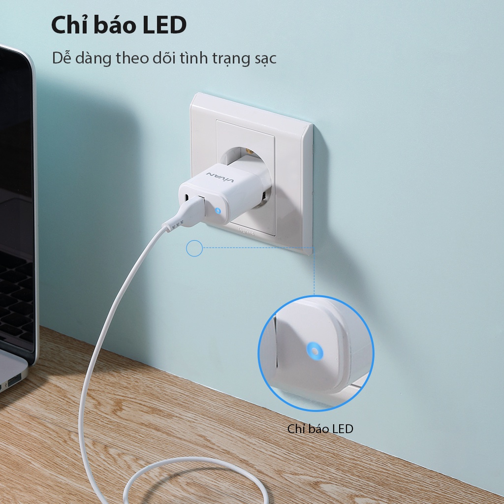 Cốc sạc VIVAN Power Super II 18W 3A (Kèm cáp sạc Type C) chính hãng Sạc Nhanh samsung xiaomi Redmi...bảo hành 12 tháng