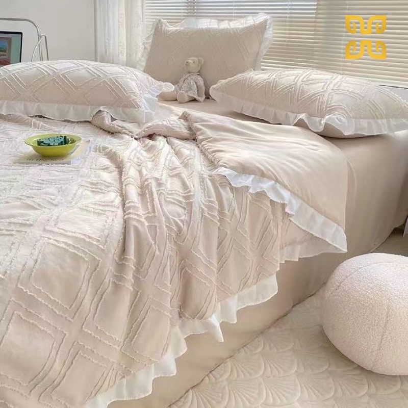 Freeship 🍀 Bộ chăn ga cotton đũi viền bèo đính hoa bi - set chăn chần 4 món - may ga theo yêu cầu - hàng nhập loại 1