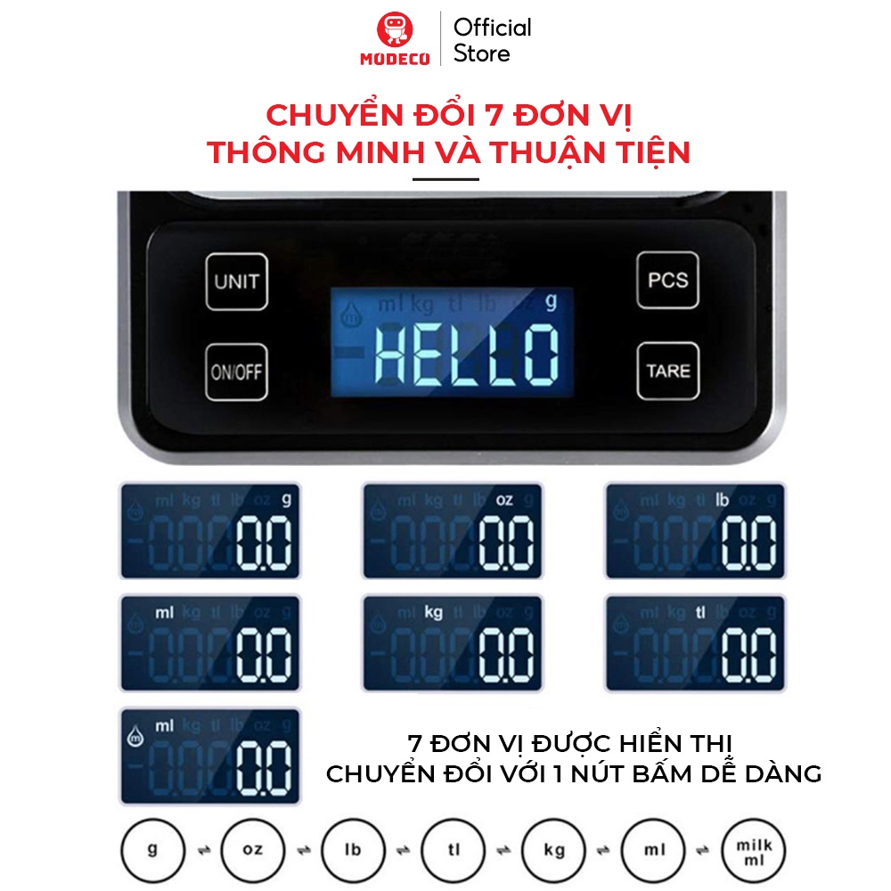 Cân Tiểu Ly Điện Tử Nhà Bếp Mini Modeco Định Lượng 0.1g - 5kg Làm Bánh Độ Chính Xác Cao, Đếm Tự Động - Kèm 3 Pin AAA