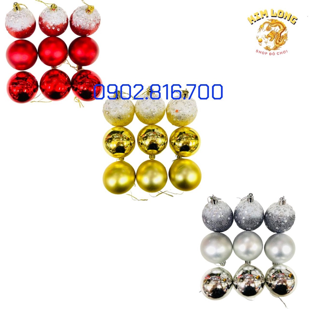Set 9 trái châu gồm 3 loại châu đính kim tuyến kim sa và bóng và mờ vàng bạc đỏ phụ kiện trang trí noel ngày Giáng sinh