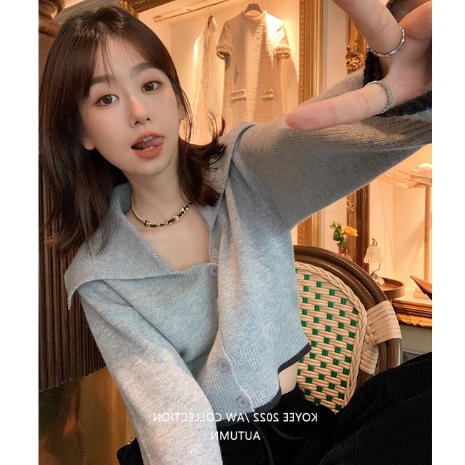 QKOOLE  Áo Croptop Dệt Kim Tay Dài Màu Sắc Đơn Giản Cho Nữ