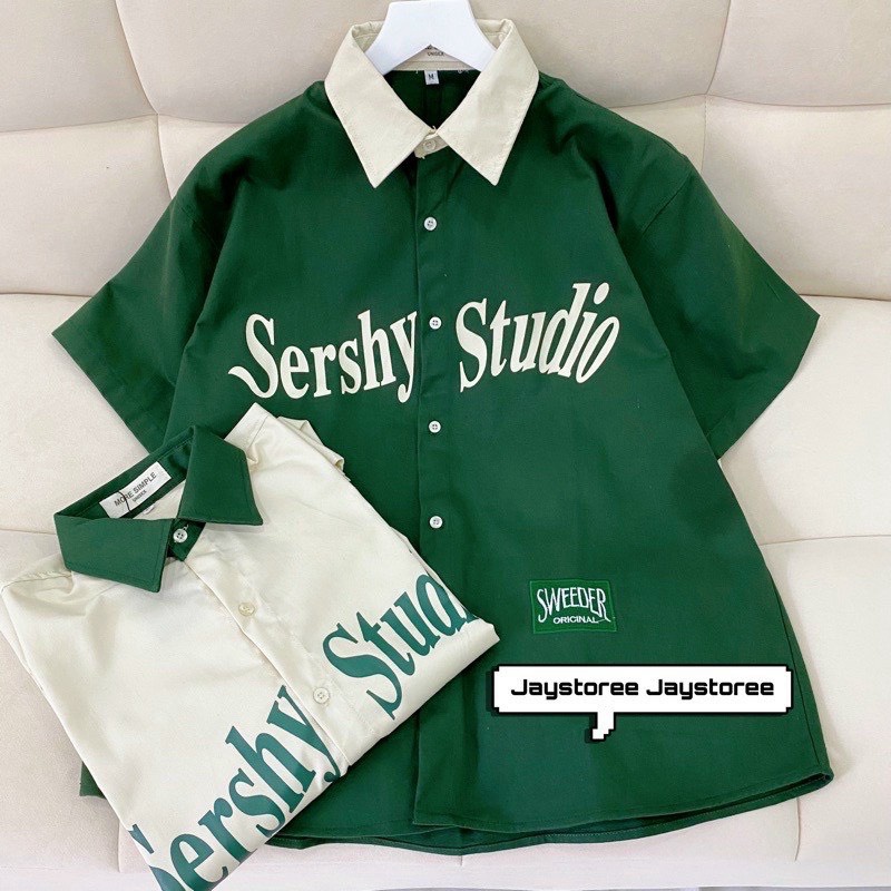 ÁO SƠ MI ÁO SERSHY STUDIO CỔ BẺ TAY NGẮN HIA MÀU XANH LÁ, KEM - KHOÁC KAKIHÀN QUỐC HỌC SINH DỄ THƯƠNG