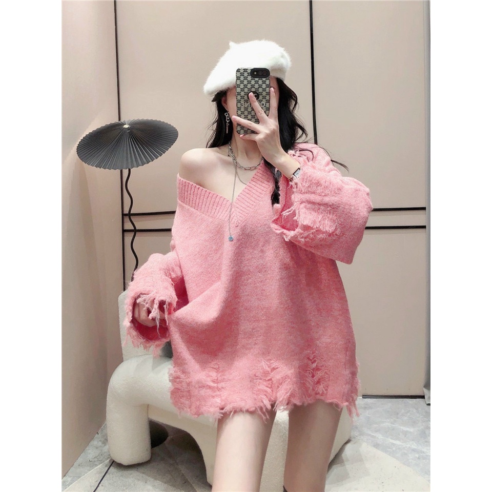 Áo len cổ tim rách tua rua 2 màu hàng QC