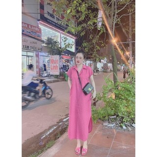 Váy sơ mi kẻ hồng dáng dài
