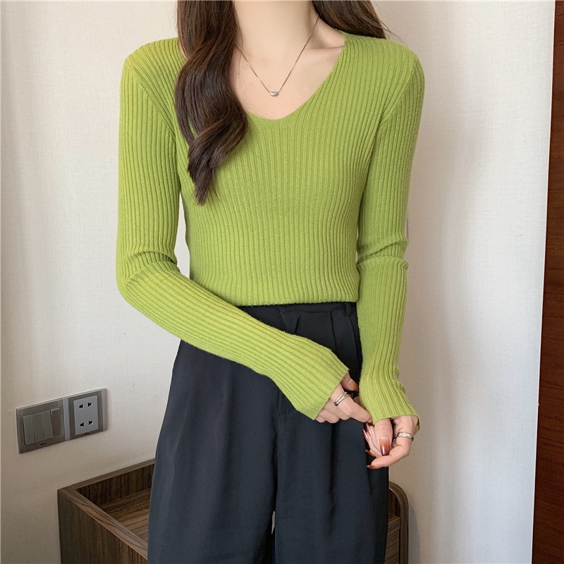 Áo Len Cổ Chữ V Cho Nữ Hàng Dệt Kim, 10 Màu Đơn Giản Retro Màu Trơn Tay Dài Dệt Kim Hàng Đầu