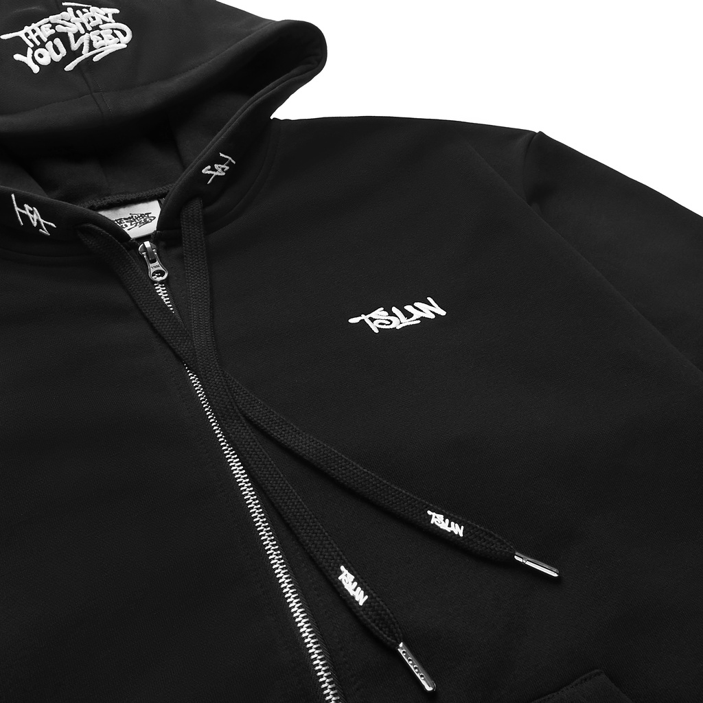 Áo Hoodie Zip TSUN BigLogo - Khóa Kéo - Thêu - [UNISEX] - Đen - Thêu trên Nón, In Dây Luồng Nón