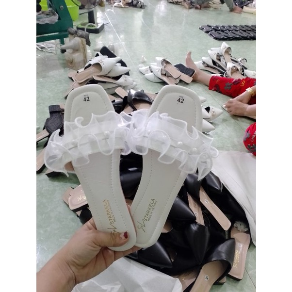 Giày dép nữ bảng ren bèo nhún đính ngọc châu  bánh bèo nữ bigsize (35+45) ảnh thật