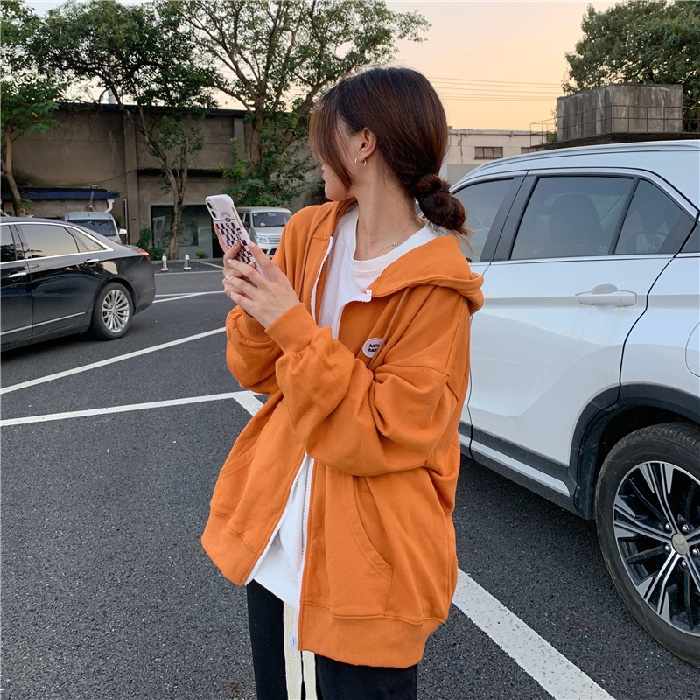 SUXI Áo Hoodie Thể Thao Tay Dài Dáng Rộng Màu Sắc Đơn Giản Cho Nữ