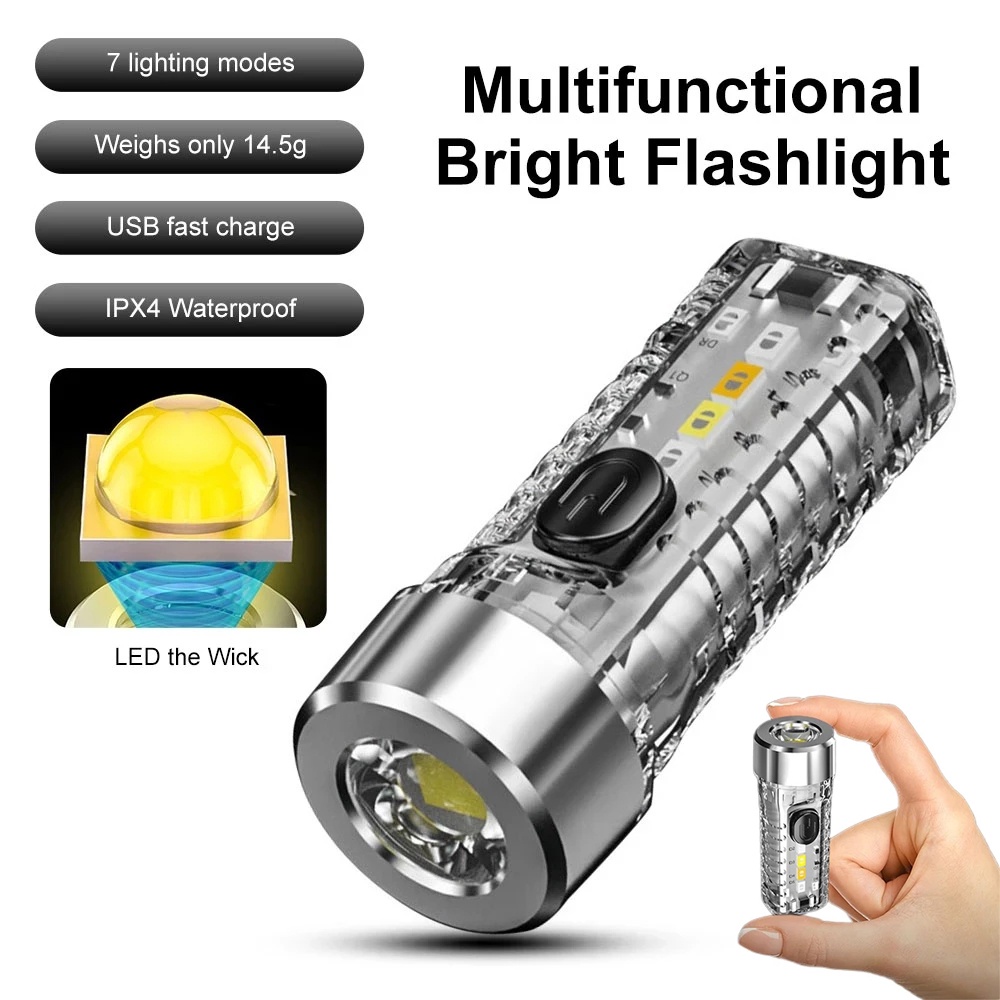 Móc Khóa Đèn Pin Mini 7 Chế Độ Ánh Sáng Trong Suốt Nhỏ Gọn Bỏ Túi Màu Đỏ Xanh Lá / Xanh Lá Có Thể Sạc Lại Dùng Khi Đi Cắm Trại