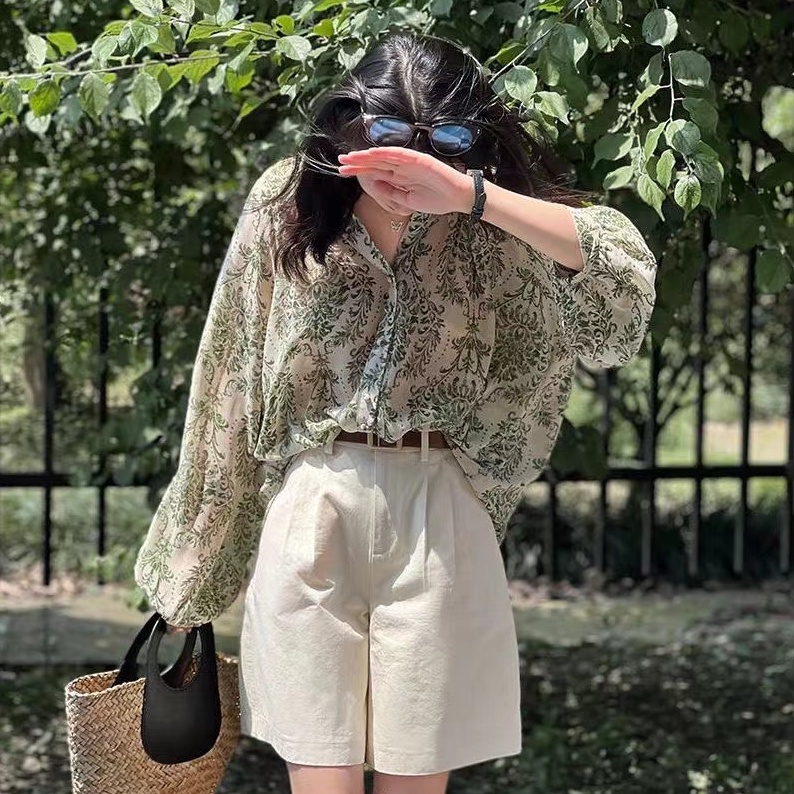 Áo Sơ Mi Chiffon Trong Suốt Dáng Rộng Tay Phồng In Hoa Màu Xanh Lá Kiểu Retro Hàn Quốc Cho Bạn Gái