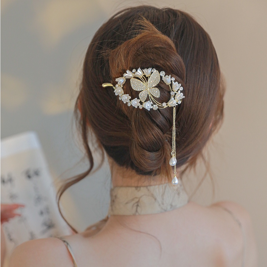 Kẹp Tóc Kim Loại Hình Hoa Bướm Đính Ngọc Trai Phong Cách Hàn Quốc Mới