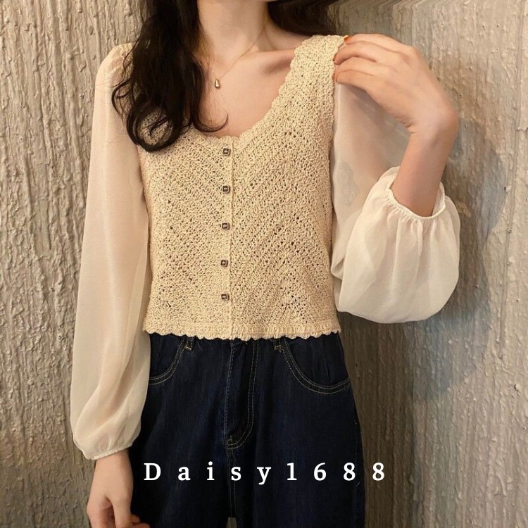 Áo Kiểu Basic Phối Voan Dài Tay Thanh Lịch Cho Nữ, Có Sẵn Daisy1688