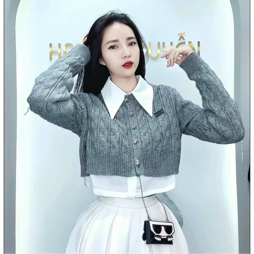 Set áo cardigan len thừng kèm áo sơ mi trắng dáng croptop cực xinh Hàng QC