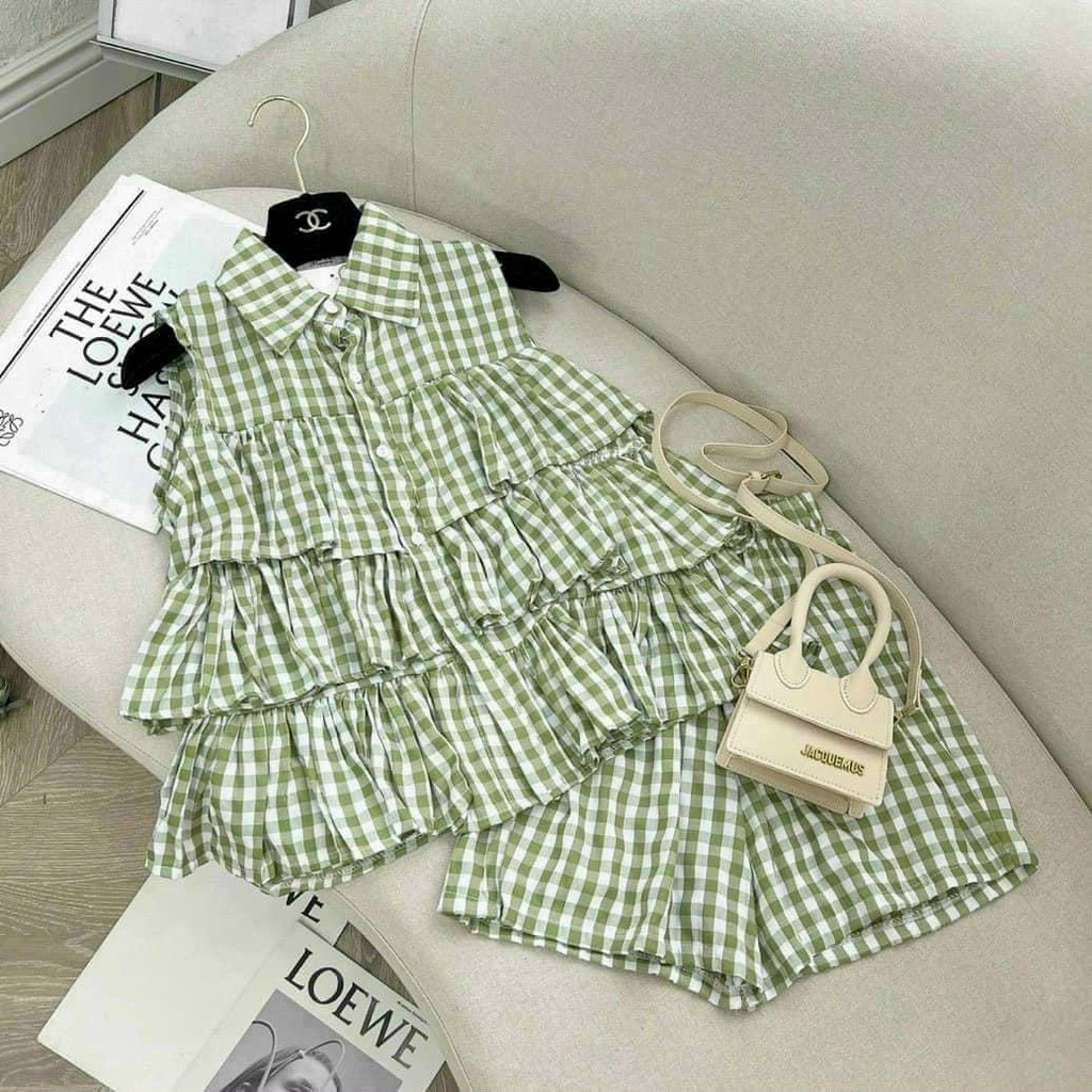 Set áo sơ mi tầng cọc tay, quần đùi caro - set caro mặc ở nhà dễ thương, - set áo sơ mi cổ yếm viền bèo