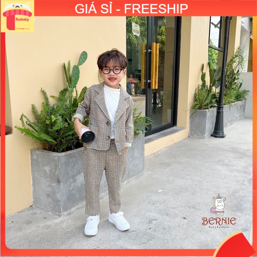 Bộ vest bé trai 1-6 tuổi vải dạ họa tiết kẻ caro, Set bộ cho bé hàng thiết kế cao cấp thời trang