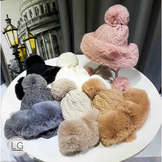 Mũ len thừng phối lông dây quả bông