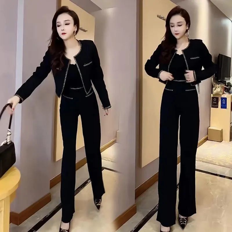 Influencer Set Áo Khoác Ngắn Phối Quần Dài Ống Rộng Thời Trang Mùa Thu Phong Cách Xiaoxiang Cao Cấp