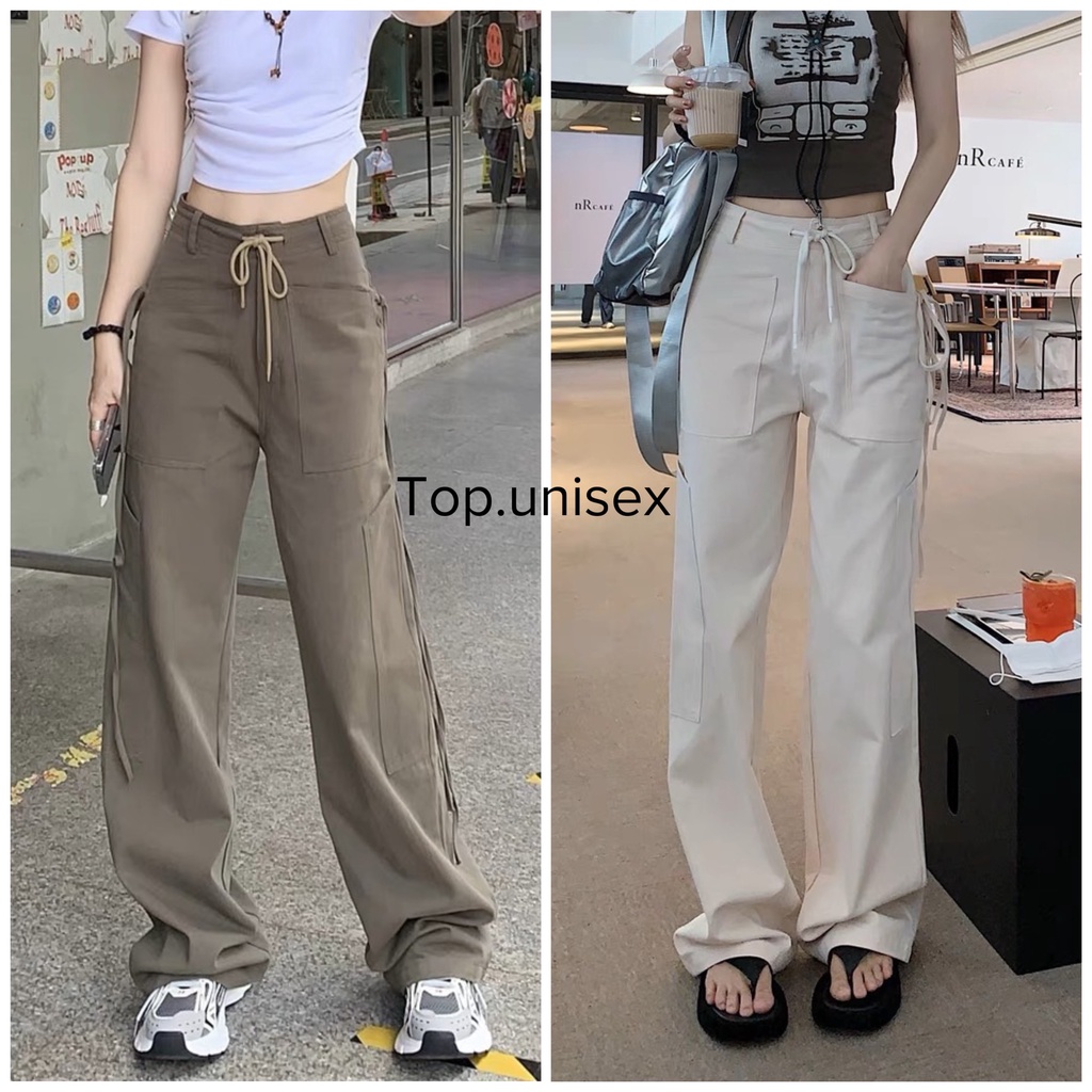 Quần kaki túi hộp nữ cargo pants form rộng lưng cao dáng suông phối dây phong cách retro TOP.UNISEX hình thật