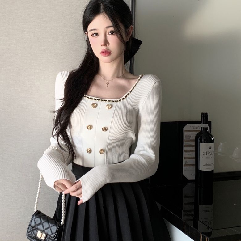 COZOK Áo Dệt Kim Tay Dài Cổ Vuông Dáng Ôm Quyến Rũ Thời Trang Cho Nữ