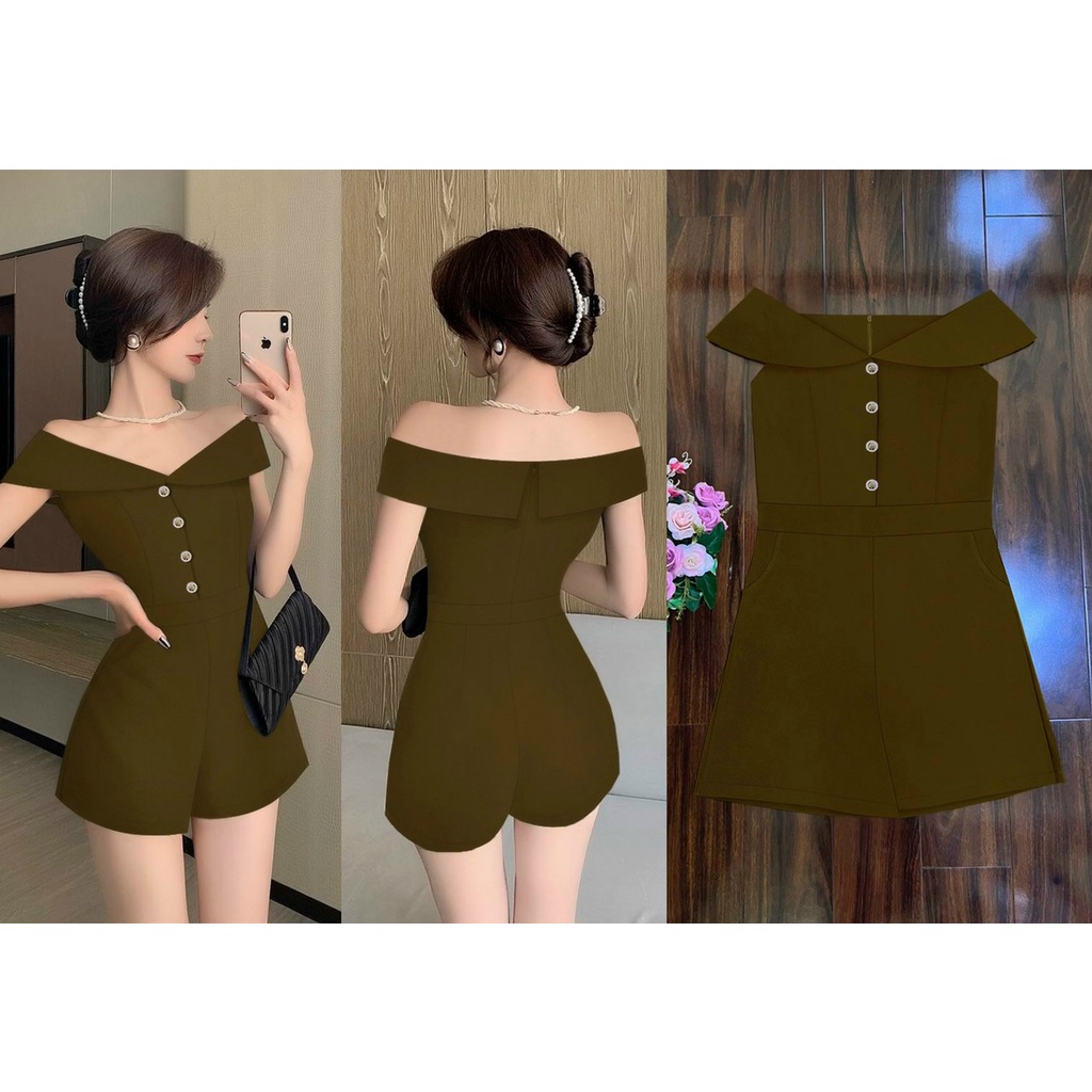 Jum ngắn trễ vai dây kéo lưng phối nút xinh xắn jumpsuit dáng ngắn J1204