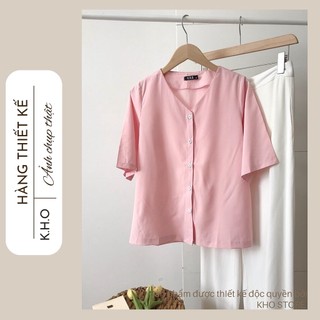 [⚡Freeship⚡] Áo sơ mi nữ tay ngắn cổ V 2 màu, áo mùa hè vải mát, mềm mại hàng thiết kế, không kèm dây cột