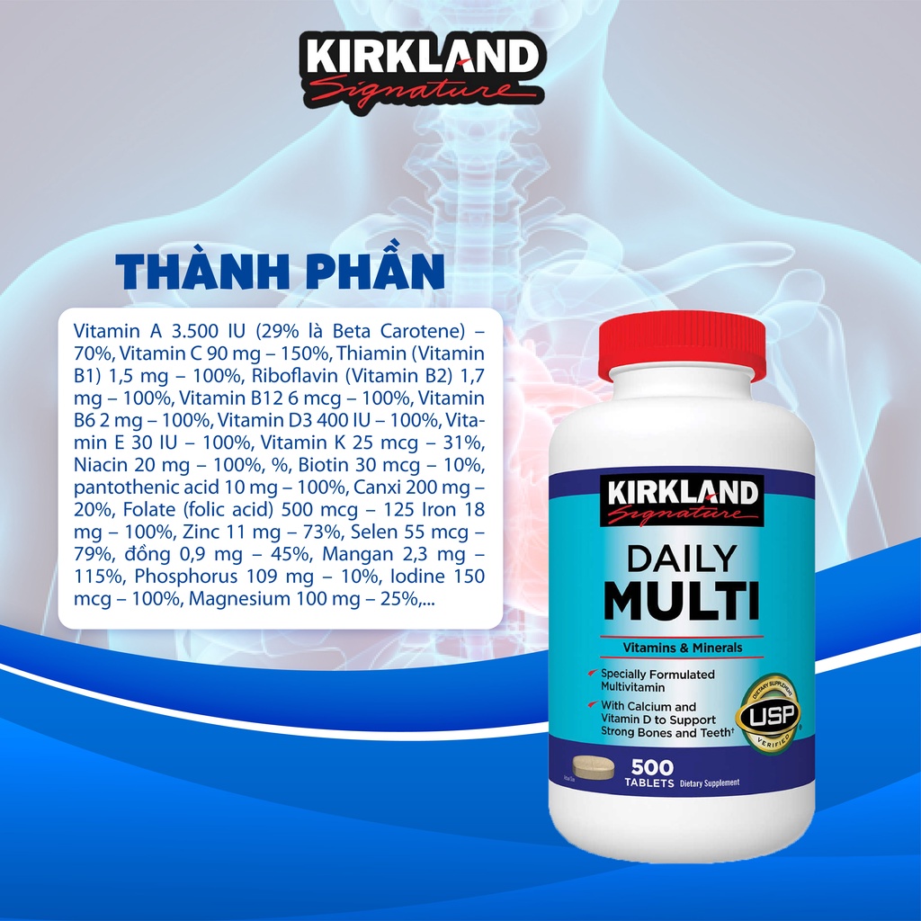 Vitamin tổng hợp Daily Multi 500 viên Kirkland Signature bổ sung vitamin tổng hợp thiết yếu cho cả gia đình