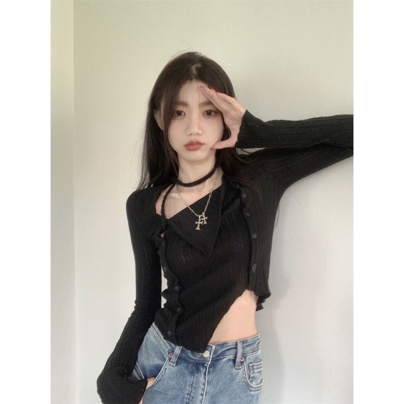 áo len dệt kim vạt yếm mix 2 hàng khuy màu muối tiêu (m5610#)