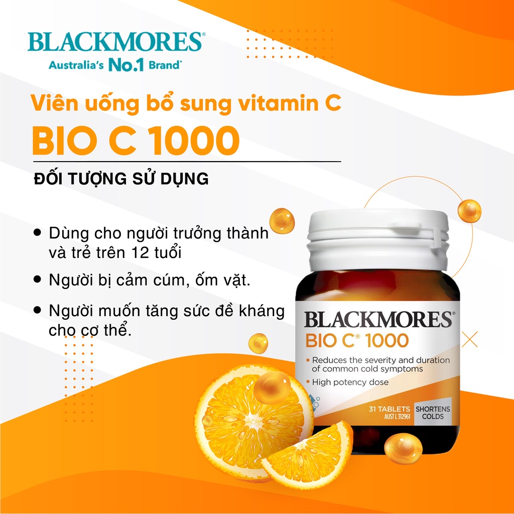 Bổ sung vitamin C Blackmores Bio C 1000mg tăng cường sức đề kháng, sáng da 31 viên của Úc