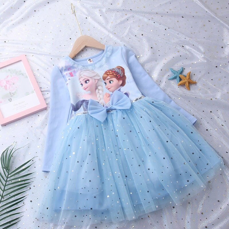 Đầm Công Chúa Elsa Bằng Cotton Nguyên Chất Tay Dài Cổ Tròn Phong Cách Âu Mỹ Dễ Thương Cho Bé Gái
