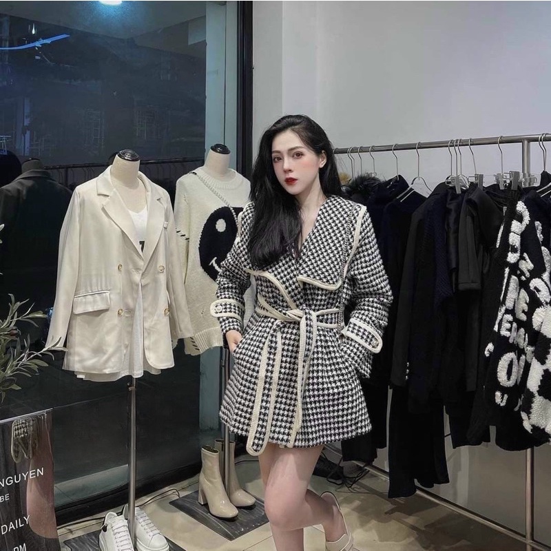 Áo măng tô ziczac nữ hàn quốc cổ thuỷ thủ chất dạ sọc caro kèm dây đai